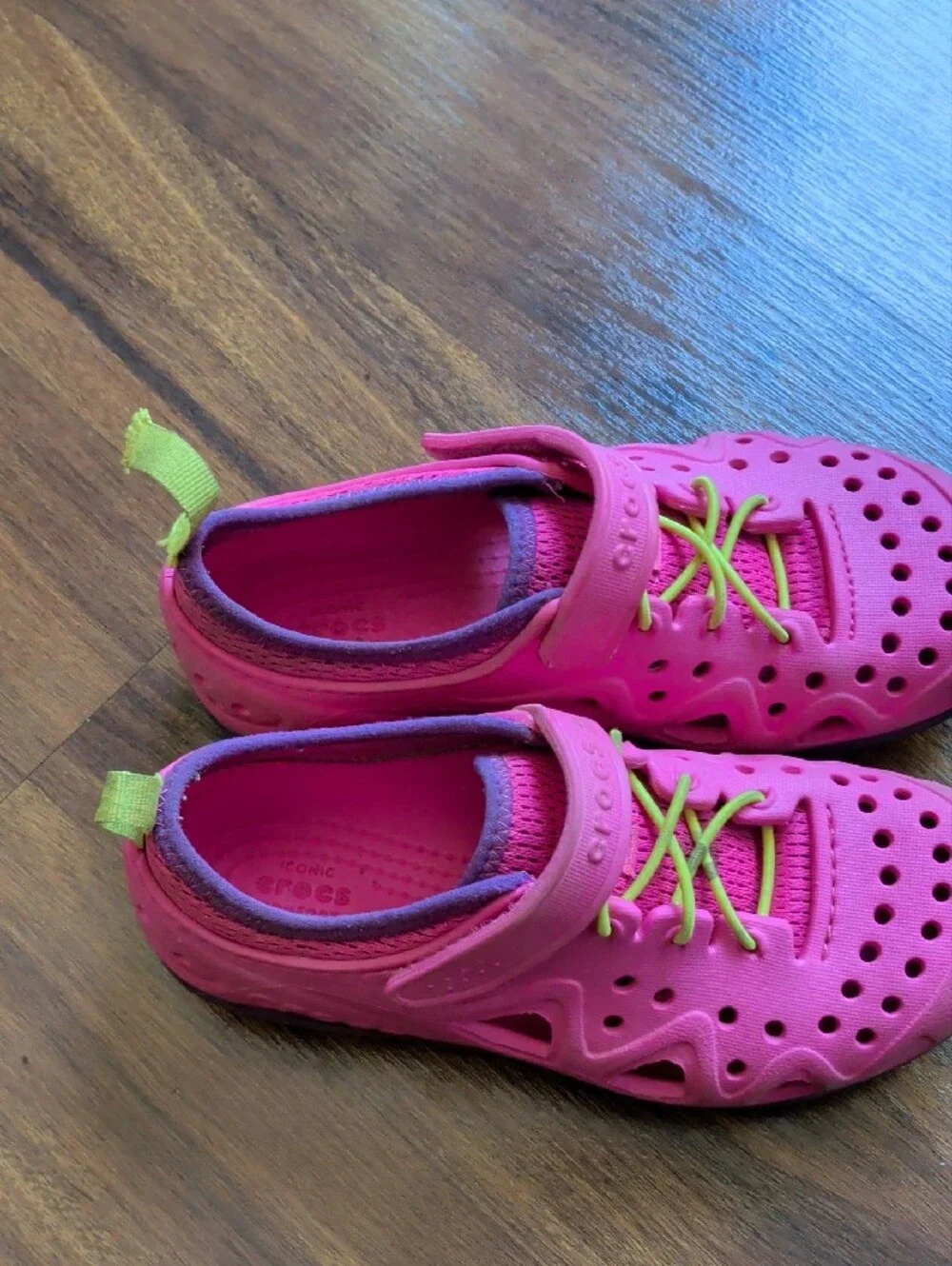 CROCS Kids Bright Pink Shoes with Lime Accents